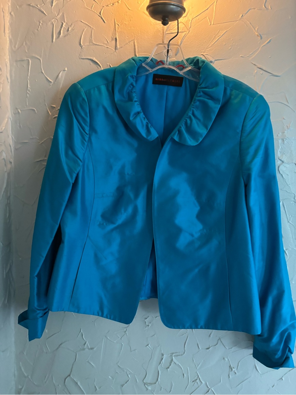 Nina Leonard Teal Ruffle-Collar Blazer